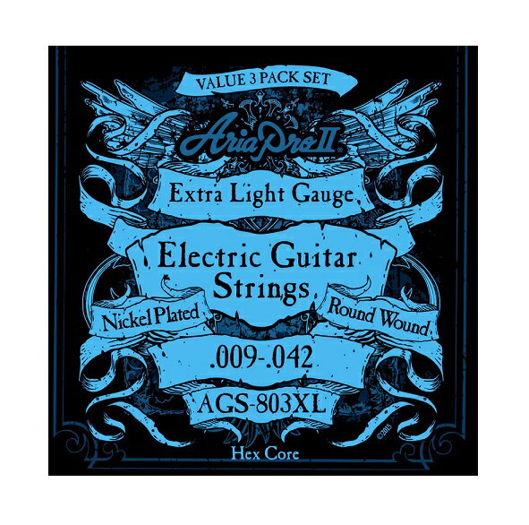 ARIA AGS-803XL Extra Light Electric Guitar Strings　アリア　エレキギター弦　エクストラ・ライトゲージ　3セットパック