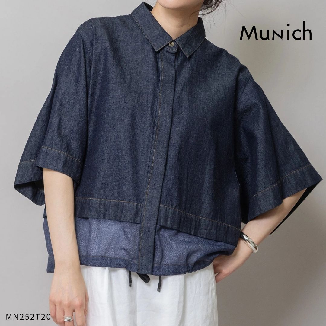 Rakuten - Munich ( ミューニック ) 【 MN252T20 】Munich 6ozスラブデニム×シアーデニム ドッキング半袖シャツ Munich シャツ デニム 半袖 ドッキング シアーデニム 日本製 綿100 レイヤード風 大人 カジュアル 40代 50代レディース 秋冬