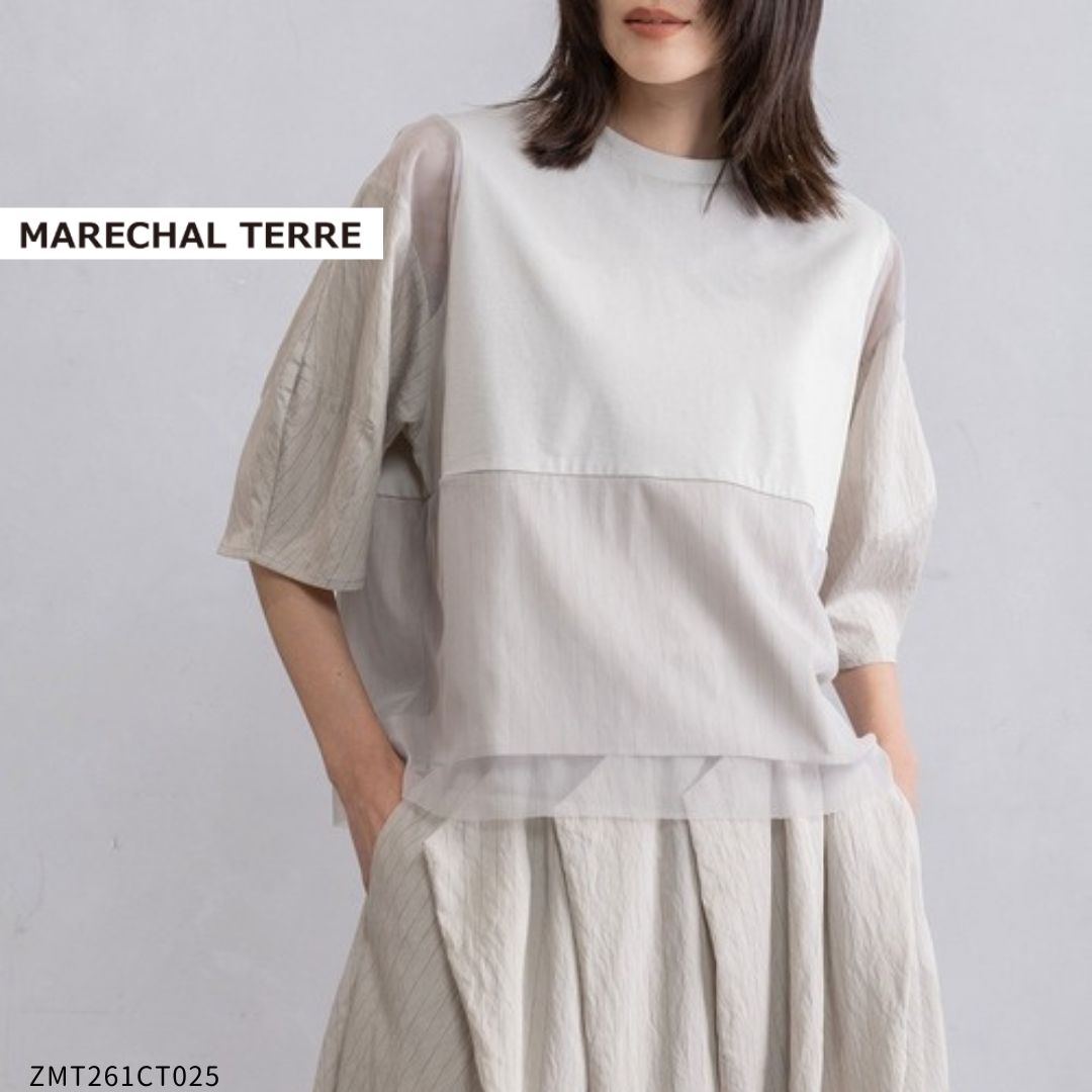 Rakuten - MARECHAL TERRE ( マルシャルテル ) 【 ZMT261CT025 】バレル タック ストレッチデニム シアー Tシャツ レディース 40代 春 夏 体型カバー 透け感 上品 カットソー 半袖 大人 ナチュラル セットアップレディース 秋冬