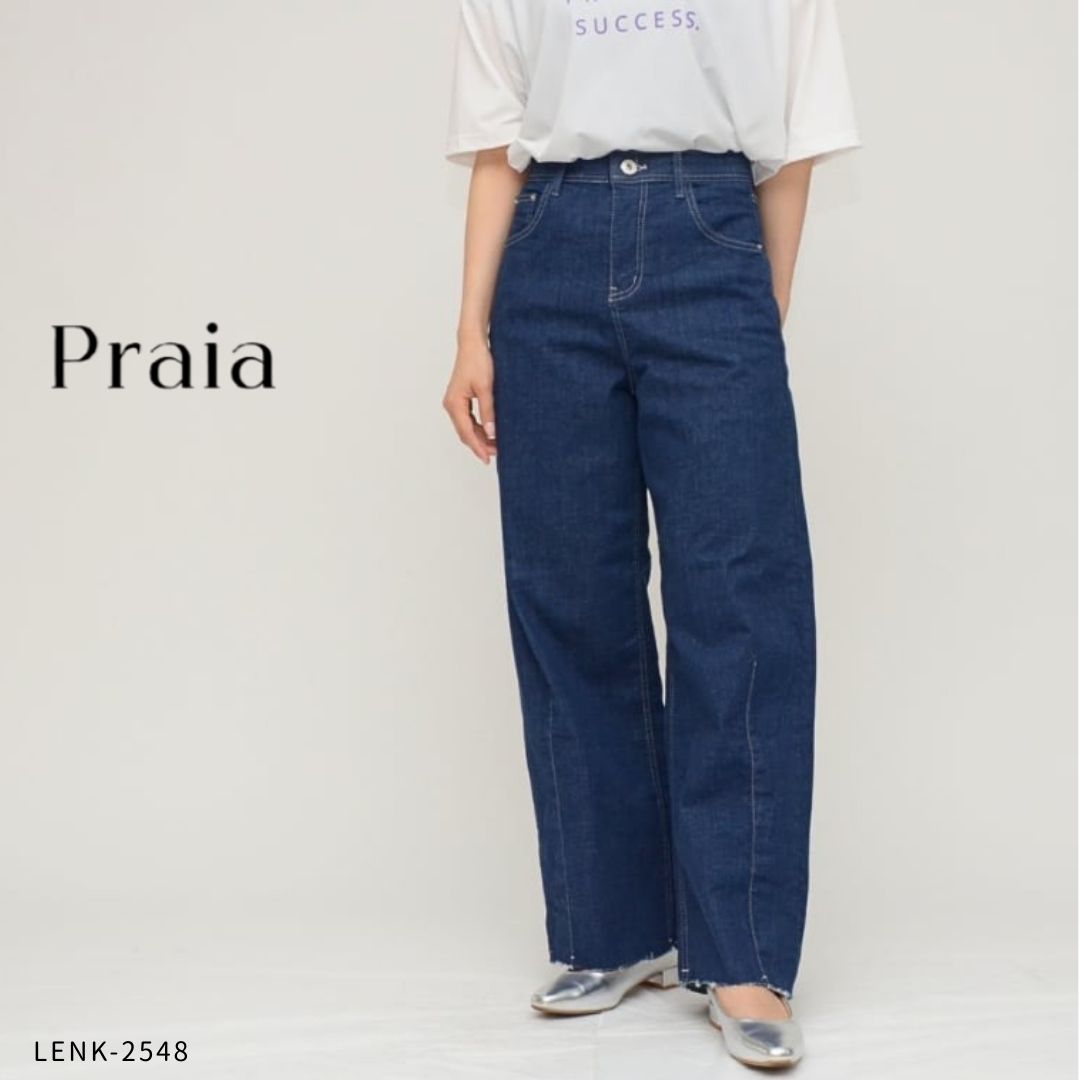 Rakuten - Praia ( プライア ) 【 LENK-2548 】カーブシルエットデニムパンツ.デニム レディース カーブパンツ ストレッチ 美脚 体型カバー 40代 上品 大人 女性 ワイドパンツ カジュアル きれいめ 春 夏 トレンドレディース