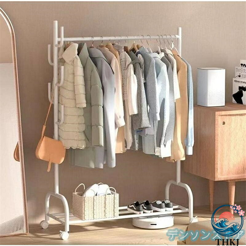 【全品2点で5%OFF】ハンガーラック フック付き 衣類収納 洋服掛け 高耐荷重 大容量 THKJ 頑丈 シンプル ナチュラル 多機能 パイプハンガー キャスター付き