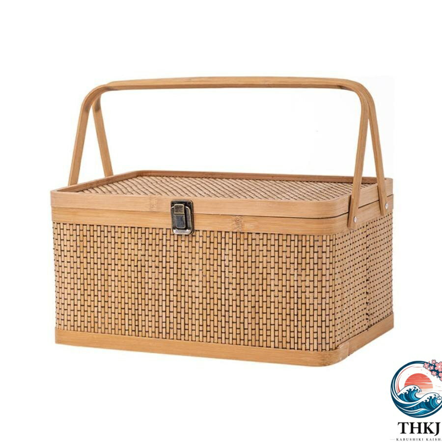 【全品2点で5%OFF】竹籠 竹篭 収納ケース 編まれた 天然素材 ふた付き 野点 茶道 茶道具 収納箱 フタ付き かご 収納 バスケット 長方形ピクニックバスケット 整理収納竹ポータブル