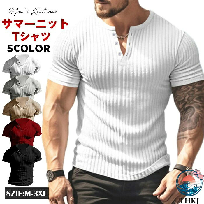 樂天商城 - 【全品2点で5%OFF】サマーニット メンズ ニットtシャツ 半袖 vネック 半袖ニット Tシャツ リブニット THKJ 大人 無地 20代 30代 40代 男性 夏 ファッション