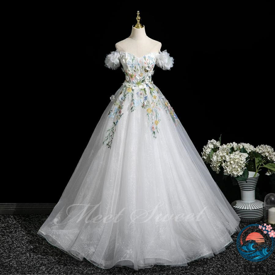 【全品2点で5%OFF】カラードレス フラワー オフショルダー 演奏会 発表会 THKJ 二次会 花嫁 ウエディングドレス ウェディングドレス ロングドレス Aライン 2