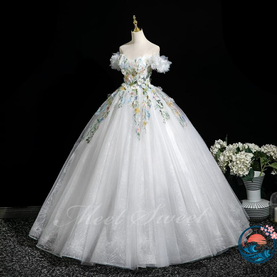 【全品2点で5%OFF】カラードレス フラワー オフショルダー 演奏会 発表会 THKJ 二次会 花嫁 ウエディングドレス ウェディングドレス ロングドレス Aライン 3