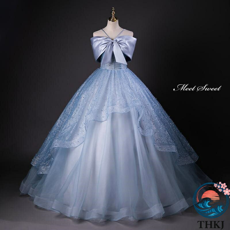樂天商城 - 【全品2点で5%OFF】カラードレス プリンセスライン ロングドレス フリル リボン パール THKJ ウェディングドレス 結婚式 二次会 花嫁 前撮り 演奏会 発表会
