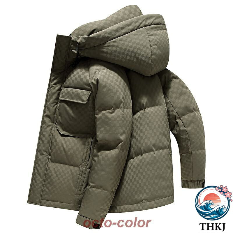 【全品5%ポイント】ボリュー ム感満点 のチェッ ク柄フー ド付きダ ウンジャ ケット メンズ ハイネック 大容量ポケット 機能性 防寒対策 暖かい 保温