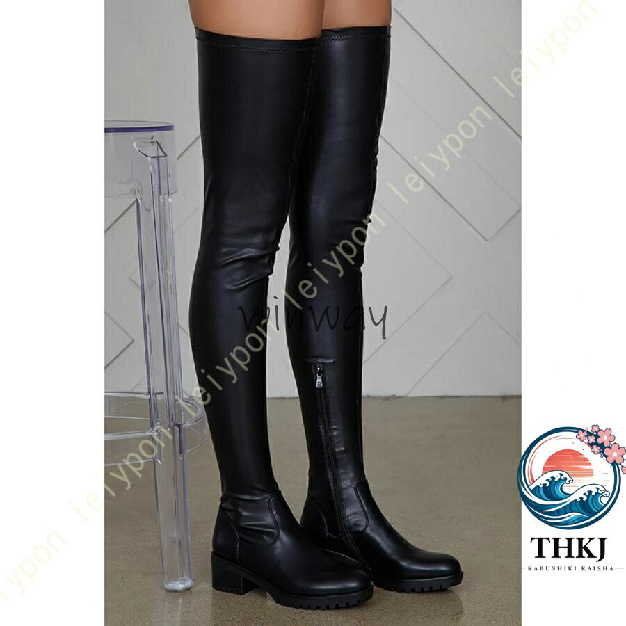 樂天商城 - 【全品2点で5%OFF】ニーハイブーツ ロングブーツ ニーハイ ブーツ ローヒール レディース THKJ 3cmヒール ブラック ストレッチブーツ 美脚 レザー調 ゆったり