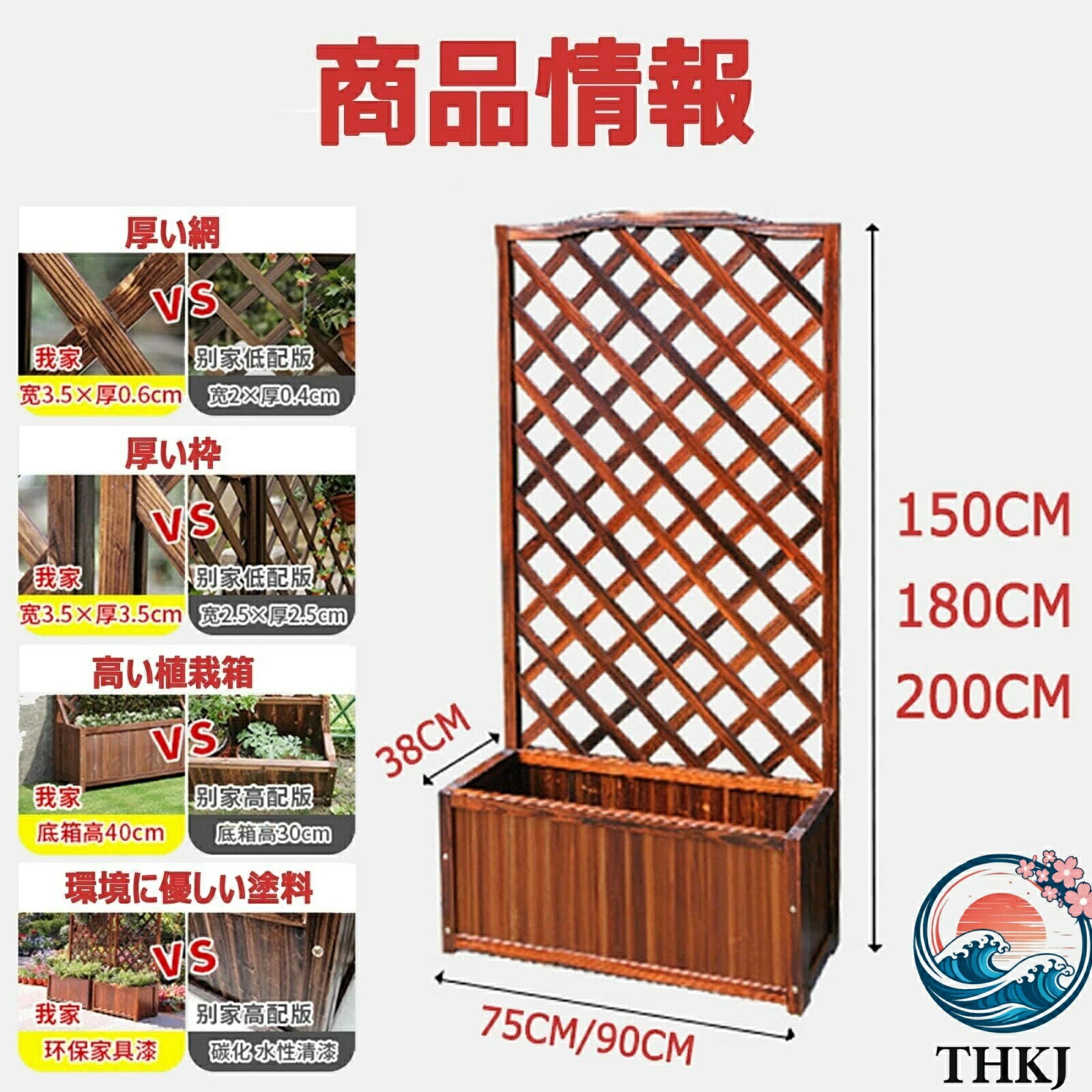 【全品5%ポイント】プランターフェンス 屋外 木製 プランター付き THKJ プランターボックス付き 目隠し プランターラティスフェンス ガーデンフェンス 3