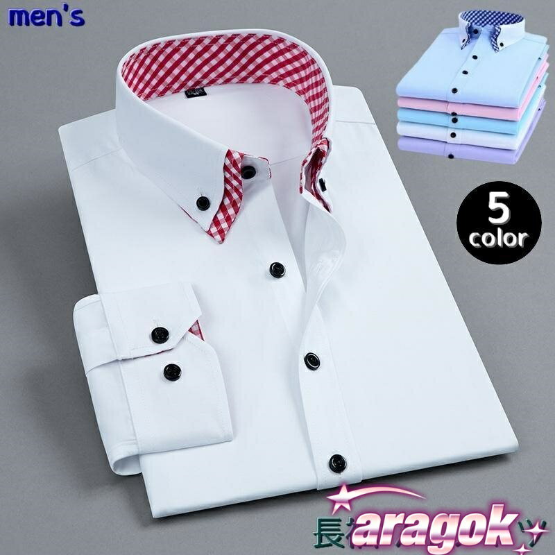 【全品2点で5%OFF】ワイシャツ Yシャツ 長袖シャツ トップス ボタンダウン THKJ ダブルカラー メンズ チェック カジュアル アクセント 着回し きれいめ