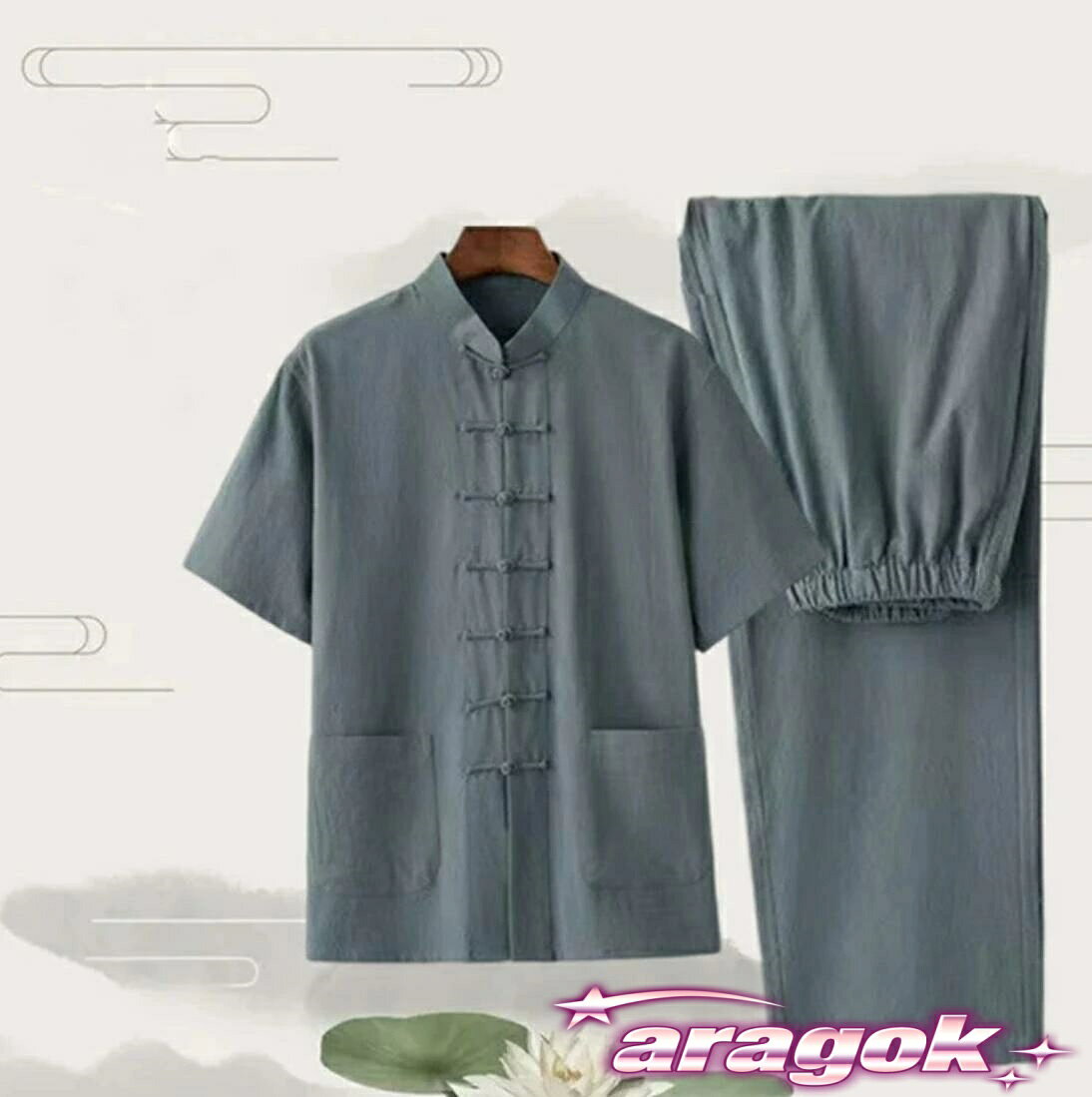 aragokの【全品5%ポイント】綿麻太極拳ウェア チャイナ服 リネン太極拳服 半袖シャツ ロングパンツ 上下セットアップ 2点セット 7色 M-4XL メンズ 練習着｜アングル2