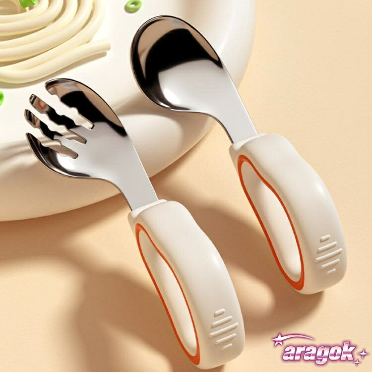 aragokの【全品5%ポイント】ベビー 離乳食 スプーン フォーク ベビー食器 赤ちゃん 3点セット 子供用 曲げスプーン 握りやすい 持ちやすい 練習 食事補助｜アングル2