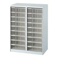 書類や小物の大量収納、種類の多い分類に。 多段収納の決定版、B4・2列フロアケース。 ●B4タテ型／深9段×2 ●本体寸法：W646×D412×H880mm ●深引出し内寸：W282×D387×H80mm ●本体重量：22.6Kg ●材質：本体／スチール、 引出し／スチロール樹脂、 引出し段板／ポリプロピレン ●付属品：カラー分類タイトルシール付き ●対応オプション仕切板 ・B4タテ型浅引出し用　BS-12S ・B4タテ型浅引出し用　BS-22S ・B4タテ型深引出し用　BS-11m