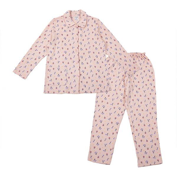 小花柄スムースプリント レディース 冬用 パジャマ 上下セット 前開き 長袖