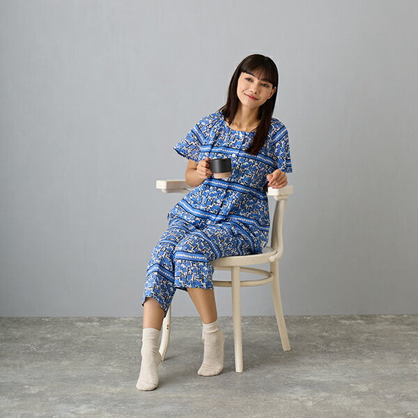 【ELLE/エル】 80リップルプリント レディス 夏用 パジャマ (8分ズボン/ルームウェア / 上下セット/ 前開き / 半袖 / 夏 / ベーシック /シ...