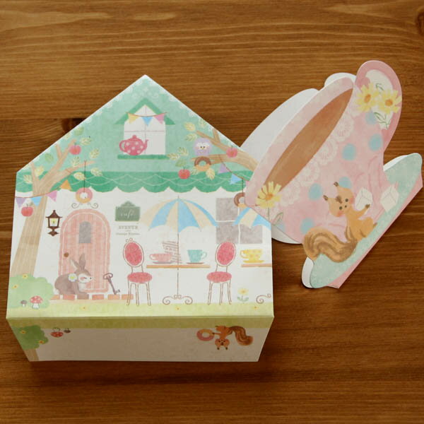 ダイカットミニカードと家のカタチ封筒「森のカフェのティカップ」多目的【グリーティングカード・ギフトカード・メッセージカード・招待状・お祝い状・お礼状・greet...