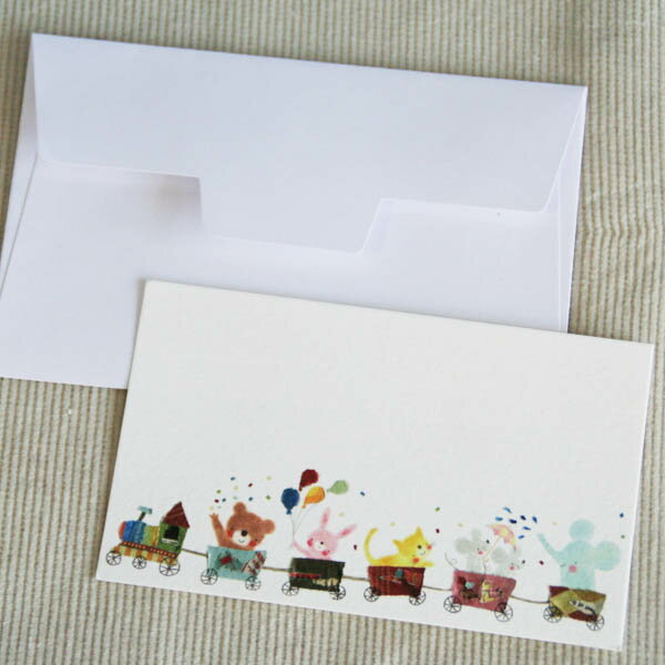 ミニメッセージカード「動物たちの電車ごっこ」〜クマとウサギとネコとネズミとゾウ〜【名刺型・封筒つき】【グリーティングカード・ギフトカード・メッセージカード・gr...