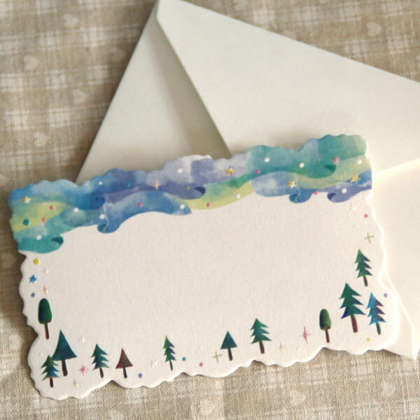 ミニメッセージカード〜ビスケットカット「水彩〜森とオーロラ」【名刺型・封筒つき】【ネコポス可】
