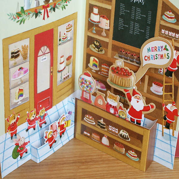 立体クリスマスカード（雪降る町のサンタのケーキ屋さん）【ネコポス可】のサムネイル