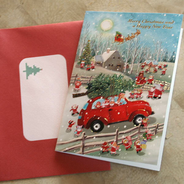 クリスマスカード『雪の牧場に動物サンタがいっぱい～ツリーを運ぶ真っ赤な車』【ネコポス可】