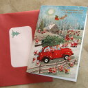 クリスマスカード『雪の牧場に動物サンタがいっぱい〜ツリーを運ぶ真っ赤な車』【ネコポス可】