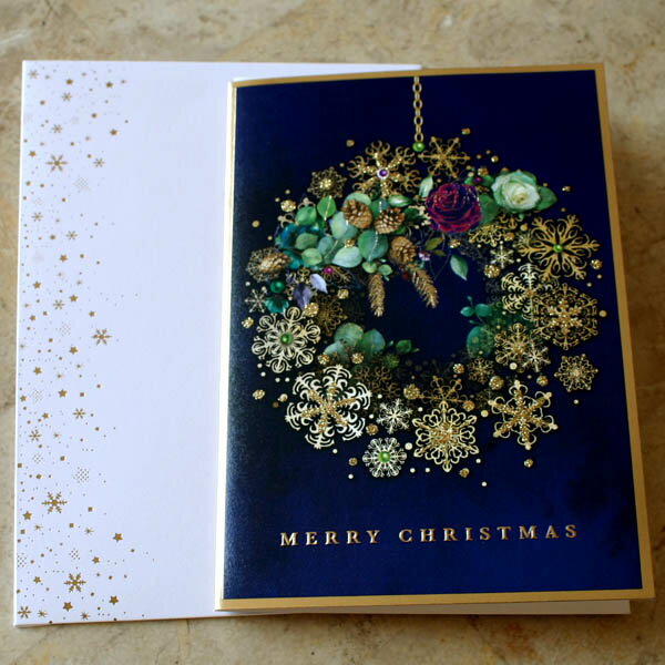 クリスマスカード「ゴールドの雪の結晶とバラのゴージャスなリース」