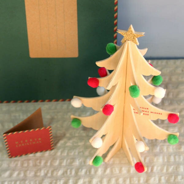 立体クリスマスカード 「WOOD TREE CARD」（白木）ミニメッセージカード付