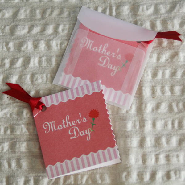 ミニ母の日カード「Mother's Day」ピンクの花屋のカーネーション（ミニ正方形2つ折り・リボン・封筒つき）【グリーティングカード・ギフトカード・メッセージカード・招待状・お祝い状・お礼状・greeting card message】【ネコポス可】