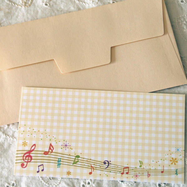 ミニメッセージカード「流れる音符」【少し横長の名刺型・封筒つき】黄色いギンガムチェック【メール便可