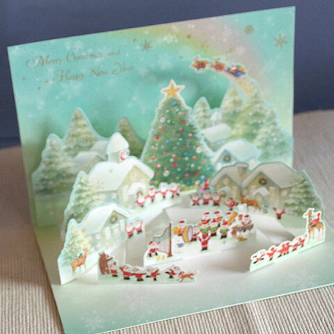 メルヘンポップアップクリスマスカード『サンタクロース楽団に森の動物たちが集う村』3D立体カード【メール便可】