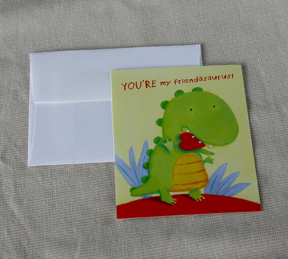 バレンタインカード(幅広名刺型ミニカード)『ハートをお届けフレンダザウルス』 【グリーティングカード・ギフトカード・メッセージカード・招待状・お祝い状・お礼状・...