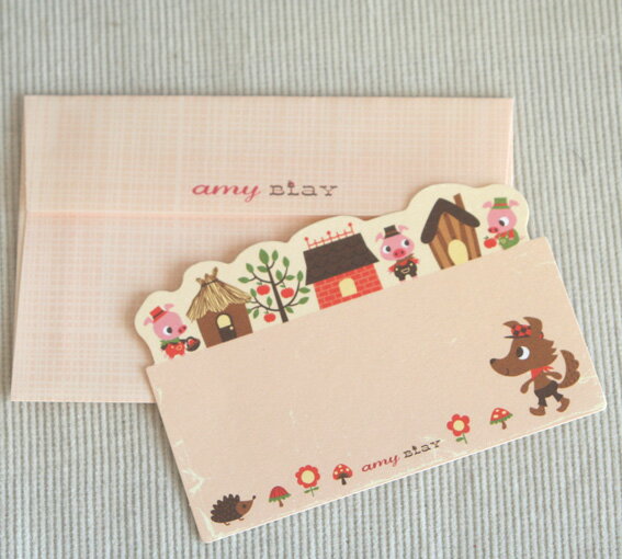 ミニメッセージカード「3匹の子豚とオオカミの散歩」【名刺型・封筒つき】【グリーティングカード・ギフトカード・メッセージカード・greeting card mes...