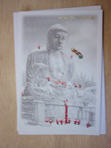 日本の風景のクリスマスカード・モノクローム「鎌倉大仏とサンタクロース」【グリーティングカード・ギフトカード・メッセージカード・greeting card mes...