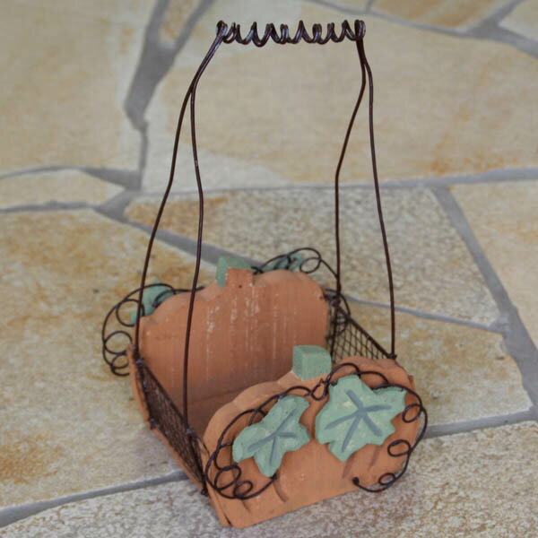 パンプキンバスケットS（木＆ワイヤー製・小物入れ）かぼちゃのオーナメントつきカントリー調鉢カバー