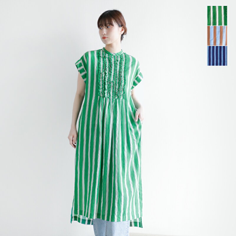 ne Quittez pas ヌキテパ コットン ボイル ストライプ フリル スリーブレス シャツ ドレス “Cotton Voile Stripe Frill Sleeveless Shirt Dress” 010541gr4-fn レディースのサムネイル