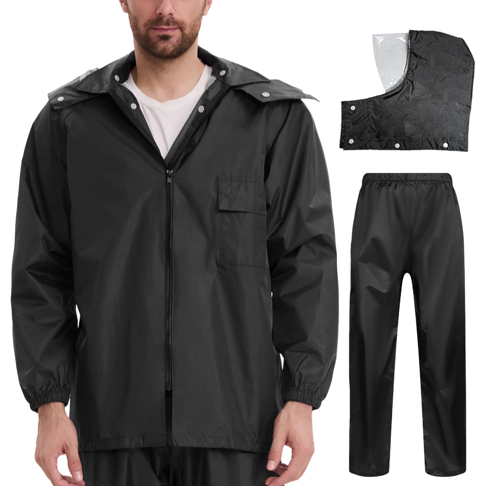 レインウェア メンズ レインスーツ 上下セット 耐水圧:10000mmH2O 【透明ツバ付・取り外し可能フード・止水二重構造・蒸れない裏地メッシュ】 レインコー...
