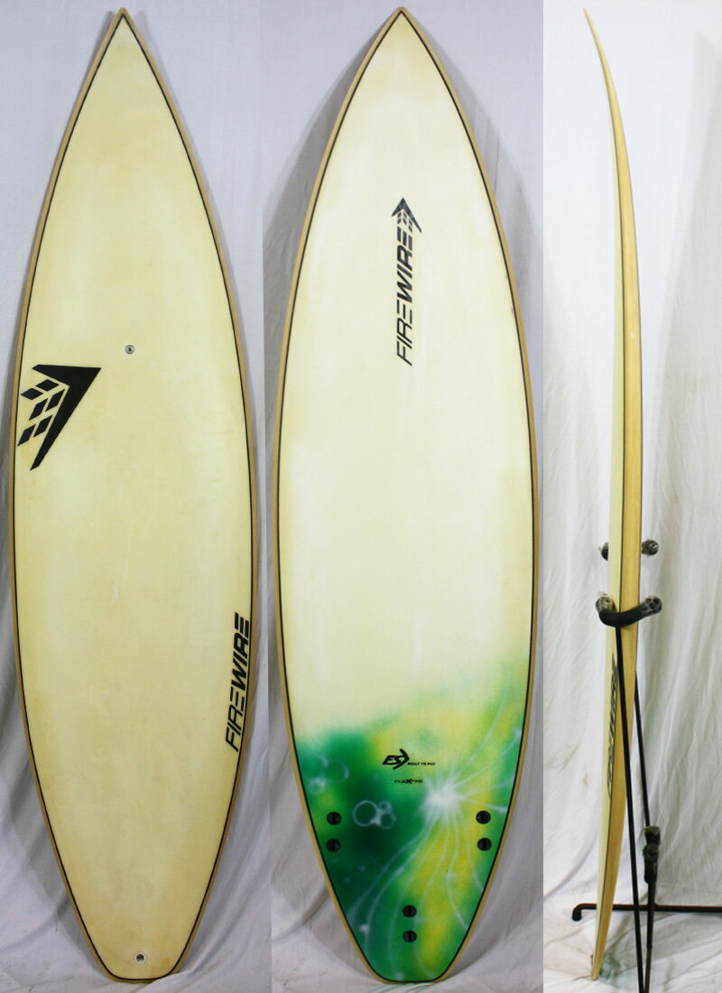 【中古】 FIREWIRE （ ファイヤーワイヤー ） Flexfireモデル サーフボード [CLEAR] 6'0" ショートボード [og3837] [BOARD DATE] ■ブランド：FIREWIRE ■モデル：Flexfire ■状態：多少使用感ある中古。ファームにEPS特有の黄ばみあり。ボード全体に小傷あり。所々に汚れあり。 ■リペア歴：なし。 ■Length[全長]：6'0"（182.9cm） ■Width[最大幅]：18 1/2"（46.99cm） ■Thickness[最大厚]：2 3/16"（5.56cm） ■重量:2.4kg（FIN除く） ■素材：Epoxy[エポキシ] ■FIN形状：Tri（FCS） ■カラー：CLEAR ■付属品：なし。 ■[備考]：送料2000円（離島を除く）が別途でかかります。＊離島の方はお見積もりいたします ■ご注意：商品管理には万全を期しておりますがあくまでも中古品です。ご理解の上ご購入下さい。 こちらの商品は東浪見店の倉庫にて管理しております、店頭にてボードをご覧になりたい方は、事前にご連絡下さい。 ■■■ このボードについて ■■■ 次世代型サーフボードの先駆けFIREWIREのFLEXFIREシリーズはトップサーファーの欲望と性能要件を満たすデザイン。 レールにバルサストリンガーを使用した事により、従来のEPSにはないしなりと反発を可能とし、最高のフレックスを生みだしてくれます。 又、その寸法、フォイル、レールの構成が連動し、ターンをする度にどんどん加速するスピードを感じて下さい。 一般的なウレタンフォームより、軽くて浮力がある為テイクオフも早く、耐久性にも優れたオールラウンド＆パフォーマンスボードです。 ■■■ FUTURE SHAPES TECHNOLOGY(FST) ■■■ FSTは従来のサーフボードの構造とは遥かに異なり、パラボリックバルサレールでフレックス性をコントロールし、ハイデンシティーフォーム(高密度宇宙航空合成物)を デッキとボトムに吸着させる事によって耐衝撃性を高めたものであります。 パラボリックバルサレールの特徴は4mm厚のバルサ材を3つ組み合わせた12mm厚のバルサ材であり、フレックス性のコントロールだけでなく、レールへの衝撃の緩衝剤としての役割も果たしています。 更に、バルサレールによる長期間の復元性はFSTボードの「活きた感覚」を長く保ちます。 ■■■吉川広夏プロのボード説明■■■ 初心者から本格的なショートボーダーへのレベルアップ や中級者におすすめのショートボードです。 細すぎないアウトラインとFIREWIRE独自の素材で比較的 安定した乗り味ながら、軽さとフレックスはトップクラスで 波のポケットではスピードとドライブ感のあるターンが可能です。 コメントBy 吉川広夏