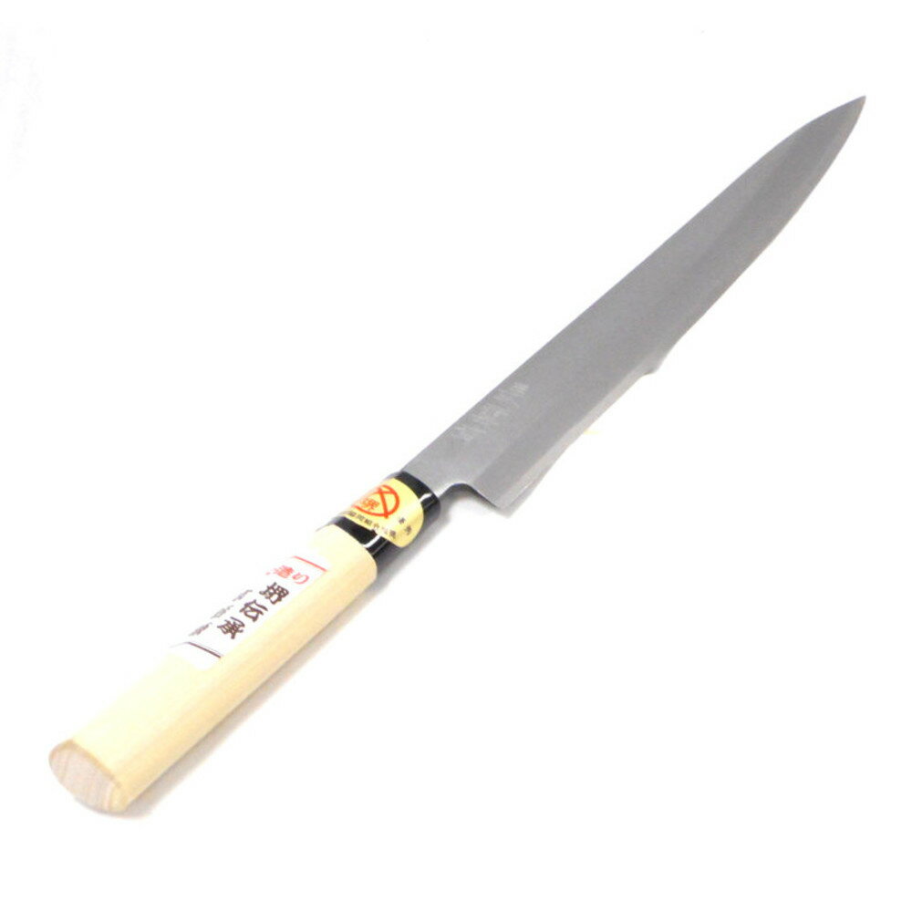 仕様用途：魚（刺身）向けの包丁刃渡り：240mm柄長：100mm刃形状：片刃研ぎ直し：可能食器洗浄機：使用不可サビ防止方法：汚れや水分を拭き取り保管柄交換可能 製品サイズ(mm)縦×横×高さ：370×19×30 製品重量(g)120 生産国日本 魚（刺身）向けの包丁です。 刃幅が広い為、骨の無い上身や、ごく細かい小骨のある魚等、おろした身が剥がれやすいように作られております。 柄は交換が可能です。 ※品質向上のため予告なく仕様を変更する場合がございます。 ※パッケージのリニューアル等につき、商品画像が異なる場合がございます。予めご了承ください。 ※商品画像の色合いは、画像処理上、若干異なる場合がございます。予めご了承ください。