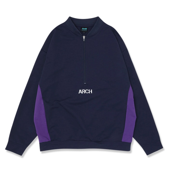 Arch（アーチ）スウェットシャツ half zipped two-tone sweat shirt【navy】バスケ ウェア 紺