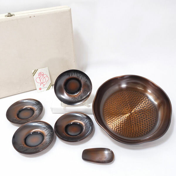 Rakuten - 【スーパーSALE】茶道具 ■【茶道具】銅仕上 菓器セット(菓子鉢 茶托5 茶さじ) 茶道具アンティーク コレクション ギフト【未使用】