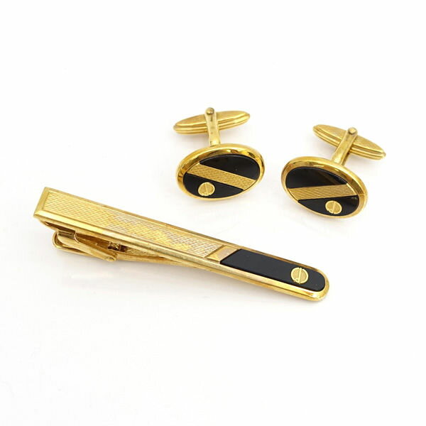 【価格見直し】【2025/07/02】DUNHILL / ダンヒル ■タイピン カフス セット ゴールドカラー ブラック ブランド【中古】
