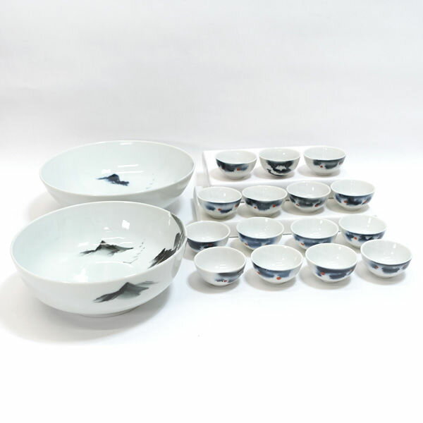 Rakuten - 【スーパーSALE】染山水 ■【和食器】染山水/レトロな大鉢2種と小鉢15個揃 すまい 雑貨 アンティーク ギフト【中古】