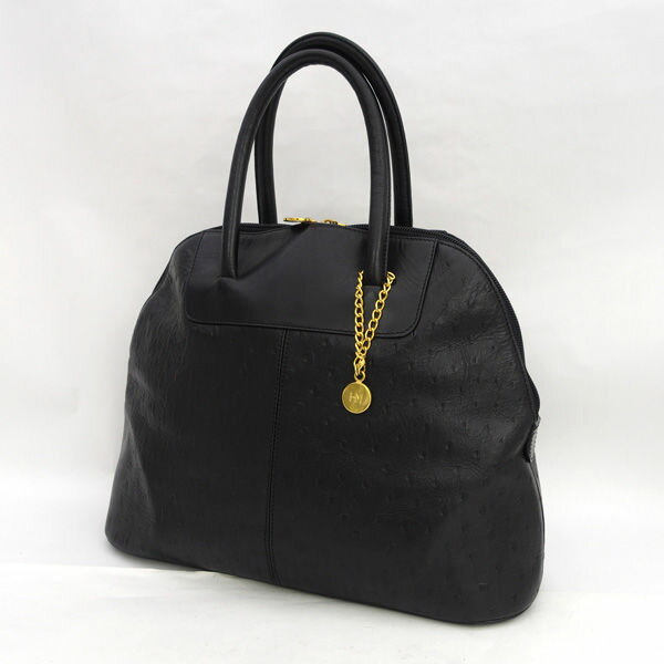 【価格見直し】【2026/05/12】HANAE MORI / ハナエモリ ■レザー ハンドバッグ オーストリッチ型押し ブラック 【バッグ/バック/BAG/鞄/カバン】 ブランド【中古】