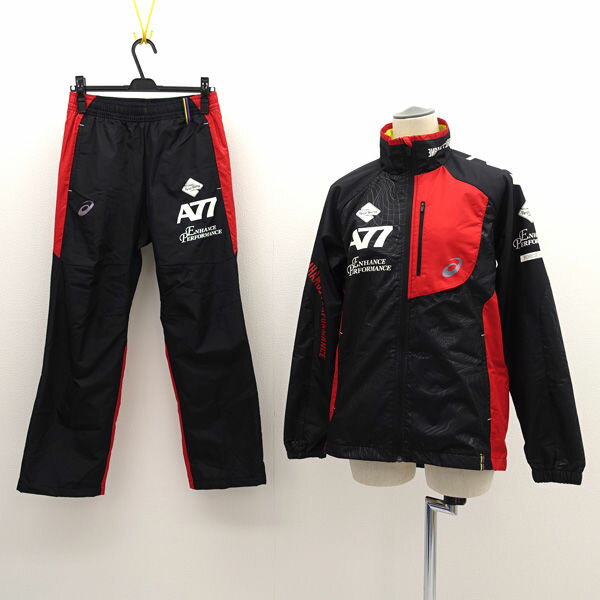 ASICS / アシックス ◆セットアップ/ウィンドブレーカー/ブラック×レッド/サイズS XAW713 XAW813 【レディース/ガールズ/LADY/女性/婦人】 メンズファッション【中古】