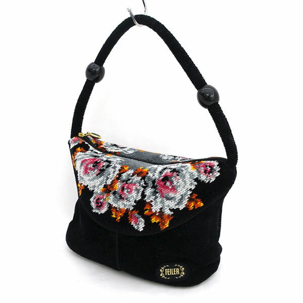 【スーパーSALE】FEILER / フェイラー ■シュニール織 花柄 ミニ ハンドバッグ　ポーチ　ブラック 【バッグ/バック/BAG/鞄/カバン】 ブランド【中古】