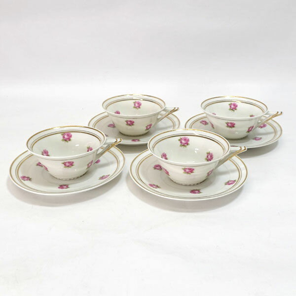 LIMEGES(リモージュ) ◆【洋食器】リモージュ/ピンクローズ カップ&ソーサー(4客) 雑貨 アンティーク 西洋磁器 ギフト【中古】
