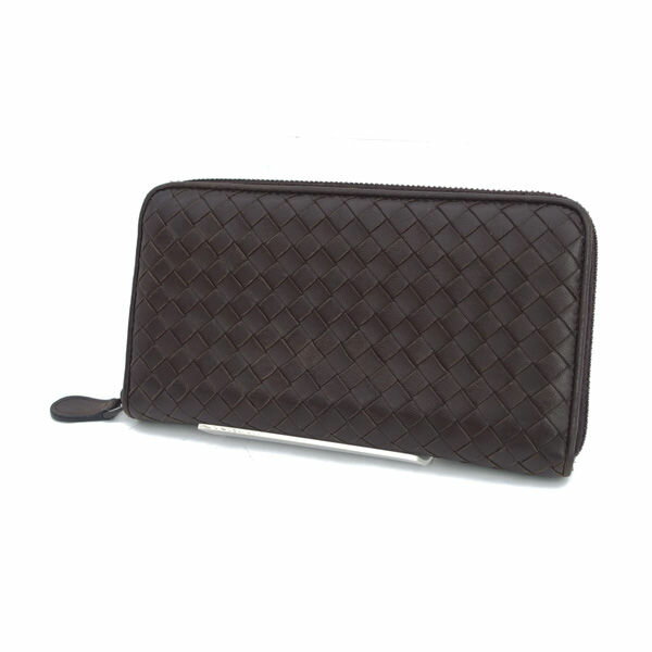 BOTTEGA VENETA / ボッテガヴェネタ ◆イントレチャート ラウンドファスナー長財布 ブラウン 【財布/サイフ/ウォレット/wallet/コイン】 ブランド【中古】