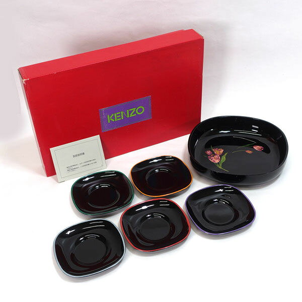 KENZO / 山中塗 鹿野漆器 ◆【漆器】ケンゾー/山中塗チューリップ茶菓揃(菓子器・茶托5) 1988 茶道具 雑貨 工芸品 ギフト【未使用】
