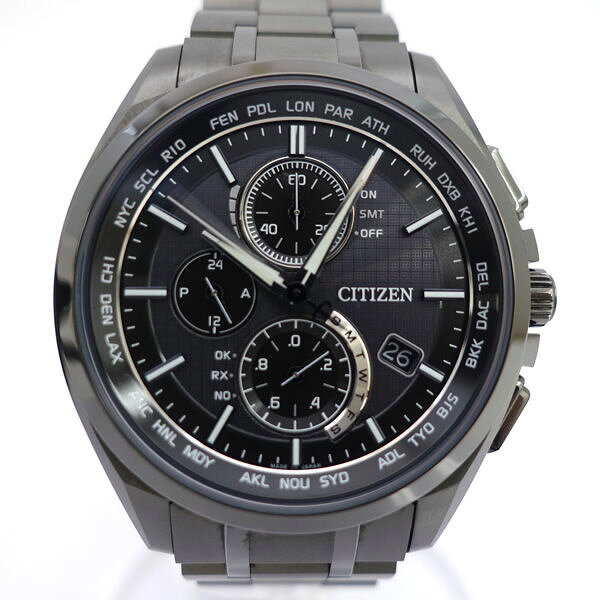 CITIZEN / シチズン ◆アテッサ エコドライブ電波 クロノグラフ ブラックチタン ブラック文字盤 H804-T019731 【メンズ/MEN/男性/ボーイズ/紳士】【腕時計//ウォッチ/Watch】 【クロノグラフ】 ブランド【中古】