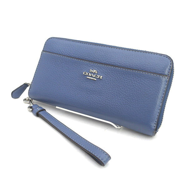 COACH / コーチ ◆ラウンドファスナー 長財布 レザー くすみブルー リストストラップ付き 6643 【財布/サイフ/ウォレット/wallet/コイン】 ブランド【中古】
